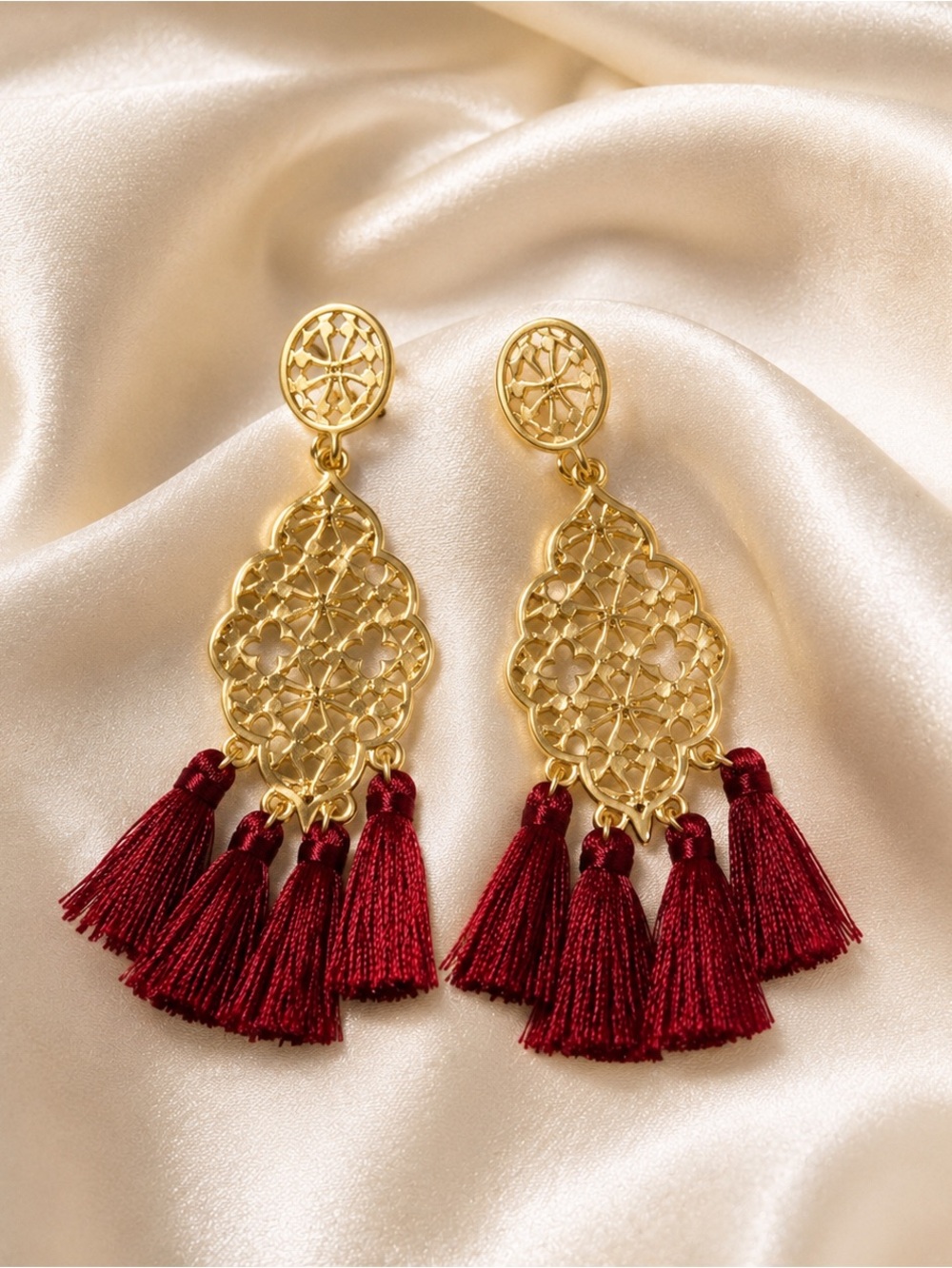 Gold and burgundy fringe earrings